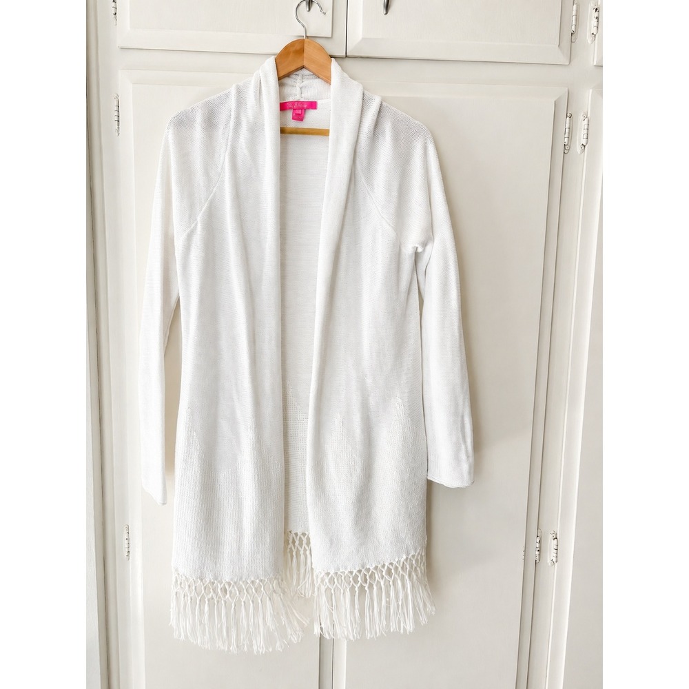Lilly Pulitzer White Knit Fringe Hem Open Front Cardigan Shawl Collar Size M
